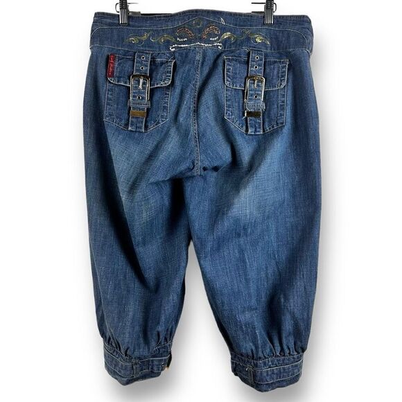 Y2K Apple Bottom Jeans Womens 38 Multi Buckle Detail Baggy Denim Crop Streetwear - Picture 2 of 15